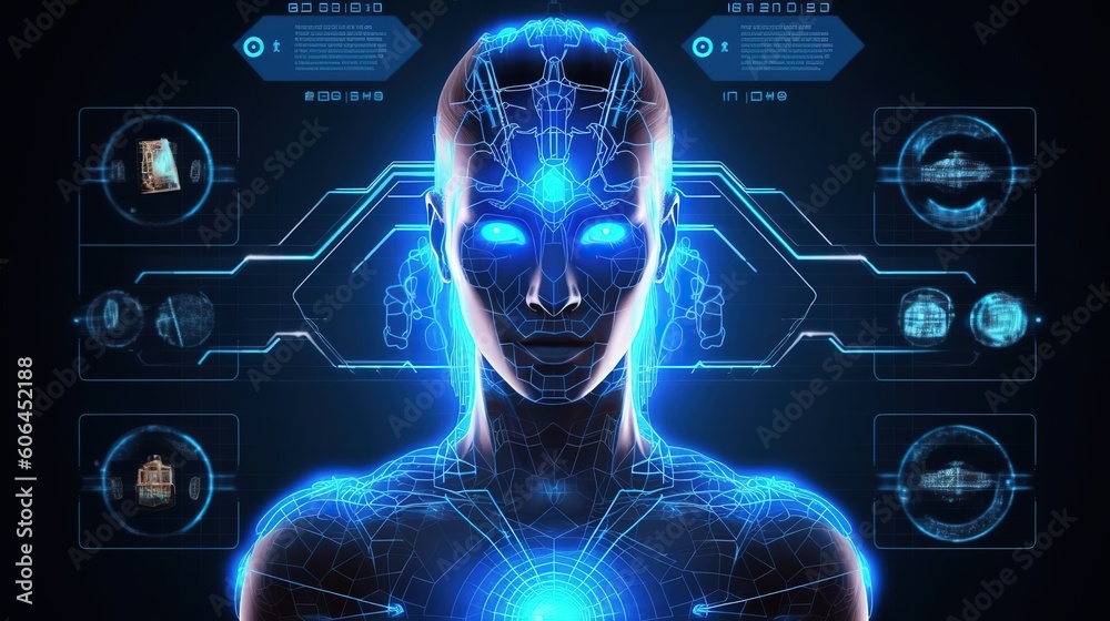 Poster The whole system is in a hologram of the head.Hud,GUI for game background design. Technology background. Digital data. Generative AI