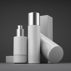 Mockup of a set cosmetic skin care products on grey background. Cream and spray skin care. 3D Render