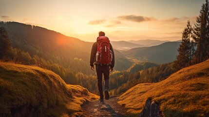 Hiker with backpack hiking on the top of a mountain - Man walking on forest path at sunset - Focus on the guy - sunrise in the mountains - person in the mountains, Generative AI