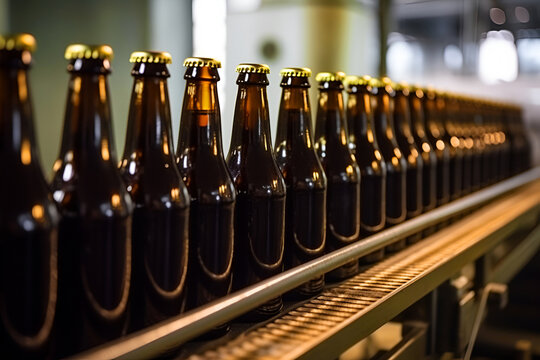Beer Bottle in Conveyor Belt: AI Generated Image