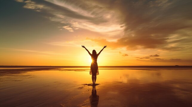 Happy woman with arms up enjoy freedom at the beach at sunset. Wellness, success, freedom and travel concept, silhouette of a girl standing on the beach