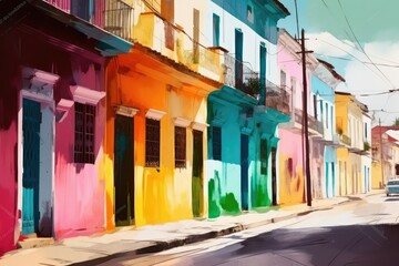 Fototapeta na wymiar Abstract art. Timeless Palette: Colorful Painting Immersed in the Charm of an Old Town Street Scene