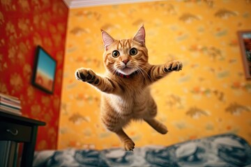 A playful cat, with boundless energy, joyfully jumps towards the camera in an uproarious and unexpected comedy scene. Generative AI