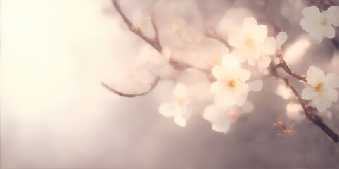 Branch of flowers on a light pastel background, space for text.