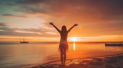 Fototapeta na wymiar Happy woman with arms up enjoy freedom at the beach at sunset. Wellness, success, freedom and travel concept, silhouette of a girl on the beach at sunset, Generative AI