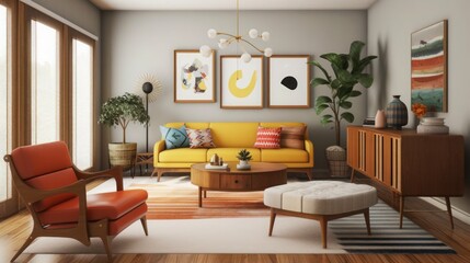 Mid-Century Modern Living Room with Bright Colors created with generative ai technology