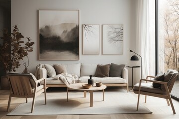 Fototapeta na wymiar Minimalist Scandinavian Living Room with Large Wall created with generative ai technology