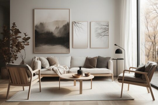 Minimalist Scandinavian Living Room with Large Wall created with generative ai technology