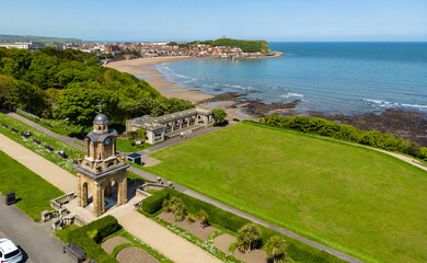 Aerial view of Holbeck Clock Tower and South Cliff in Scarborough in North Yorkshire in the northeast of England. - obrazy, fototapety, plakaty