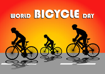 Día mundial de la bicicleta. Siluetas de una familia montando en bici al atardecer