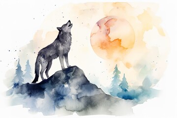 A wolf howling at the moon watercolor painting