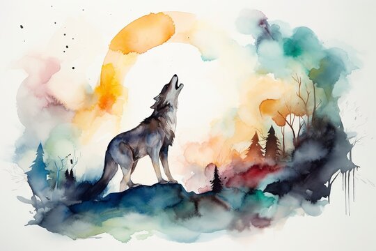 A wolf howling at the moon watercolor painting