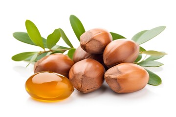 Argan seeds isolated on a white banner background. 