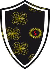 Golden flowers. Lilith, astrological symbol. Coat of arms, emblem, shield, tattoo design