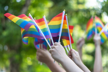 LGBT pride or LGBTQ+ gay pride with rainbow flag for lesbian, gay, bisexual, queer and transgender...