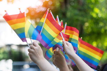 LGBT pride or LGBTQ+ gay pride with rainbow flag for lesbian, gay, bisexual, queer and transgender...