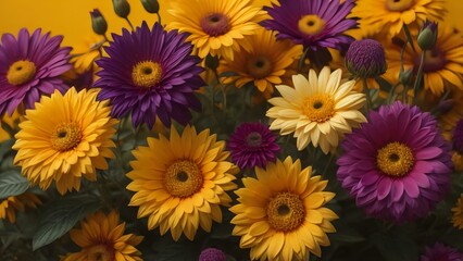 Fototapeta na wymiar Beautiful bouquet of yellow and purple gerbera daisies. generative ai