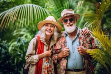 Happy seniors traveling in jungles Asia, Generative AI