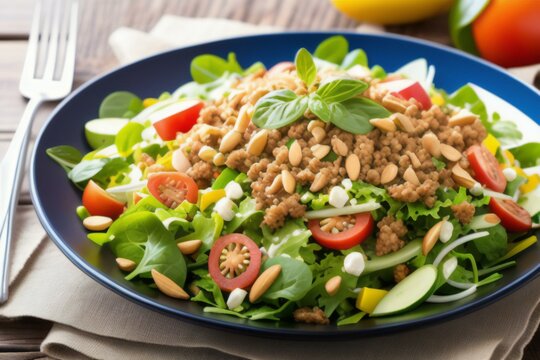 Fresh vegetable salad with tuna, tomatoes, cucumbers and nuts. generative ai
