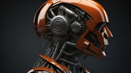 Fototapeta na wymiar robot or cyborg head with gear wheels on black background. generative ai