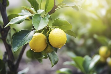 Lemon tree garden background created with generative Ai technology