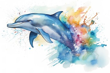 Dolphin watercolour sketch of the marine animal leaping and jumping from the ocean surface of the sea and is an intelligent social creature, computer Generative AI stock illustration image