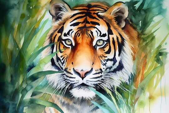 Paint a realistic portrait of a tiger in the jungle watercolor painting