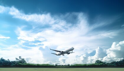 World Environment Day concept: Airplane in the blue sky and cloud, generate ai