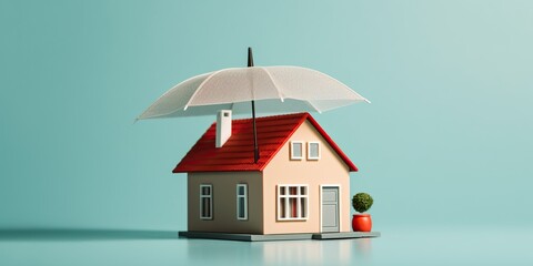 A model home with an umbrella over it, symbolizing home insurance, concept of Protection, created with Generative AI technology - obrazy, fototapety, plakaty