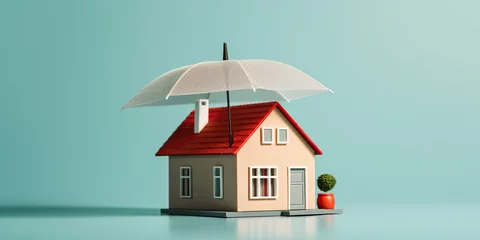Foto op Canvas A model home with an umbrella over it, symbolizing home insurance, concept of Protection, created with Generative AI technology © koldunova