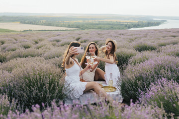 Happy young women sitting on a blanket at a picnic, chatting, drinking white wine and taking selfie. They enjoying picnic in summer day.