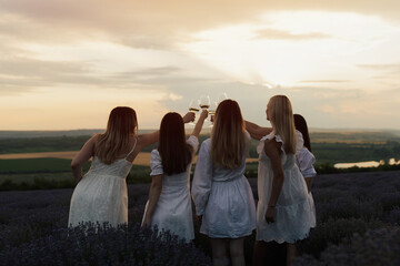 Group of friends with wine in hands enjoying summer picnic and sunset. Summer, holidays, vacation and happiness concept.	