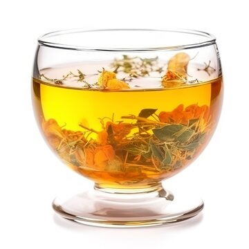 Glass cup of hot aromatic tea isolated on white background
