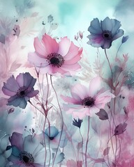 3d mural wallpaper abstract. Blue watercolor paint flowers background , generate ai
