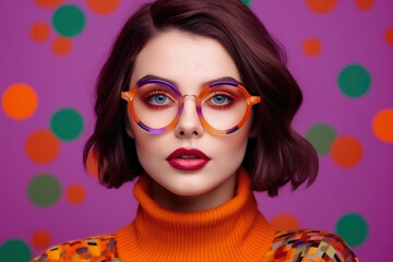 Beautiful fashion female model with brown hair portrait. European young woman wearing glasses. Bright colors, stylish makeup. Generative AI
