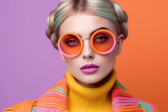 Beautiful fashion model with blonde hair portrait . European young woman wearing glasses. Bright colors, stylish makeup. Generative AI