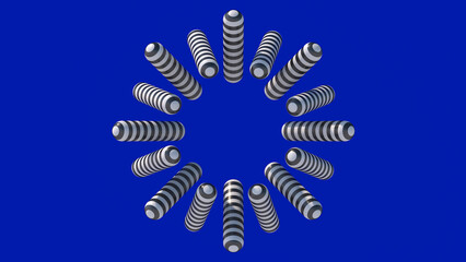 Striped black and white shapes. Blue background. Abstract illustration, 3d render.