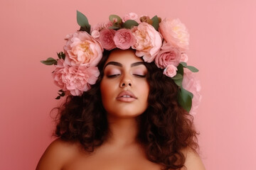 Naklejka premium Beautiful plus-size female model wearing a flower wreath portrait. Body positivity and diversity. Generative AI