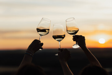 Group of friends with white wine in hands clinking with glasses. Close-up of hands and drinks. Beautiful scenic sunset.	
