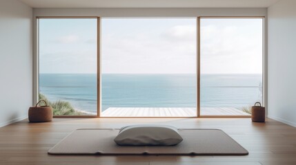 A yoga mat in front of a large window overlooking the ocean. Generative AI image. - obrazy, fototapety, plakaty