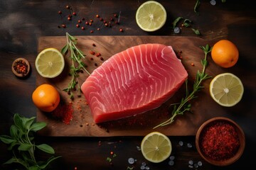 close-up view of a fresh raw tuna steak on cutting board, ai tools generated image