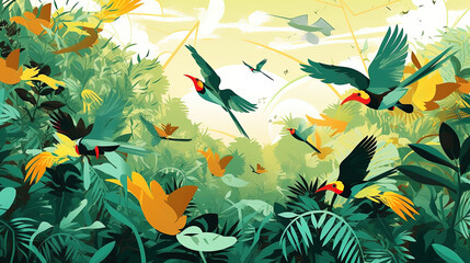 Fototapeta na wymiar illustrated birds in the jungle, with abstract background, Wallpaper 
