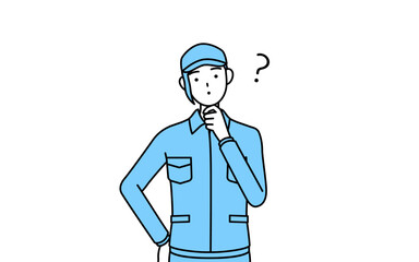 疑問を持って首をかしげる帽子と作業着姿の女性