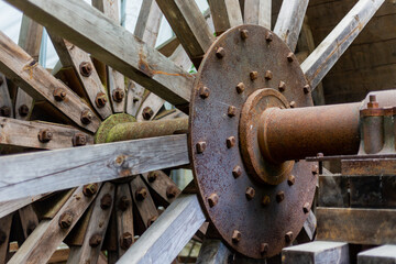 Old Wooden Waterwheel in Iron Mine Forge Close Up
