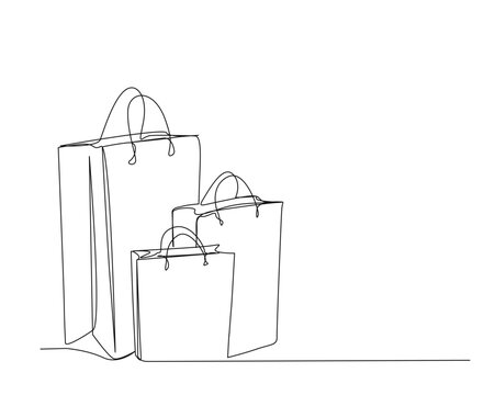Continuous one line drawing of Shopping bag. Paper bags line art vector illustration.  Editable stroke.