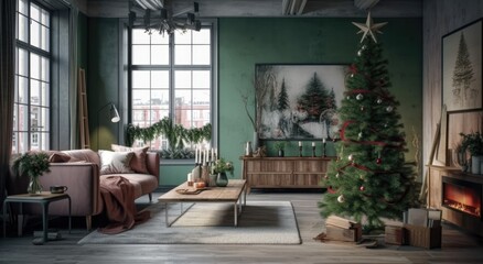 Fototapeta na wymiar Christmas tree living room decoration. Generative ai