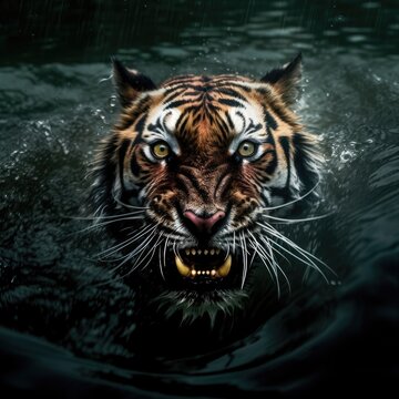Angry Tiger Tigress swimming in the Water Tiger Bares Teeth