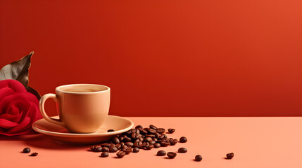 Cup of Coffee with Red Rose and Coffee Beans with Red Background