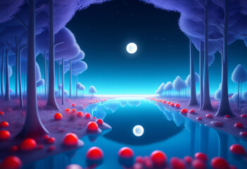 Naklejka na ściany i meble Fantasy forest landscape with trees and a moon