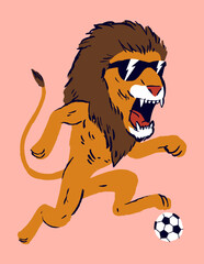 Soccer lion. Cute lion character in sunglasses running with a football ball. Isolated soccer vector illustration.